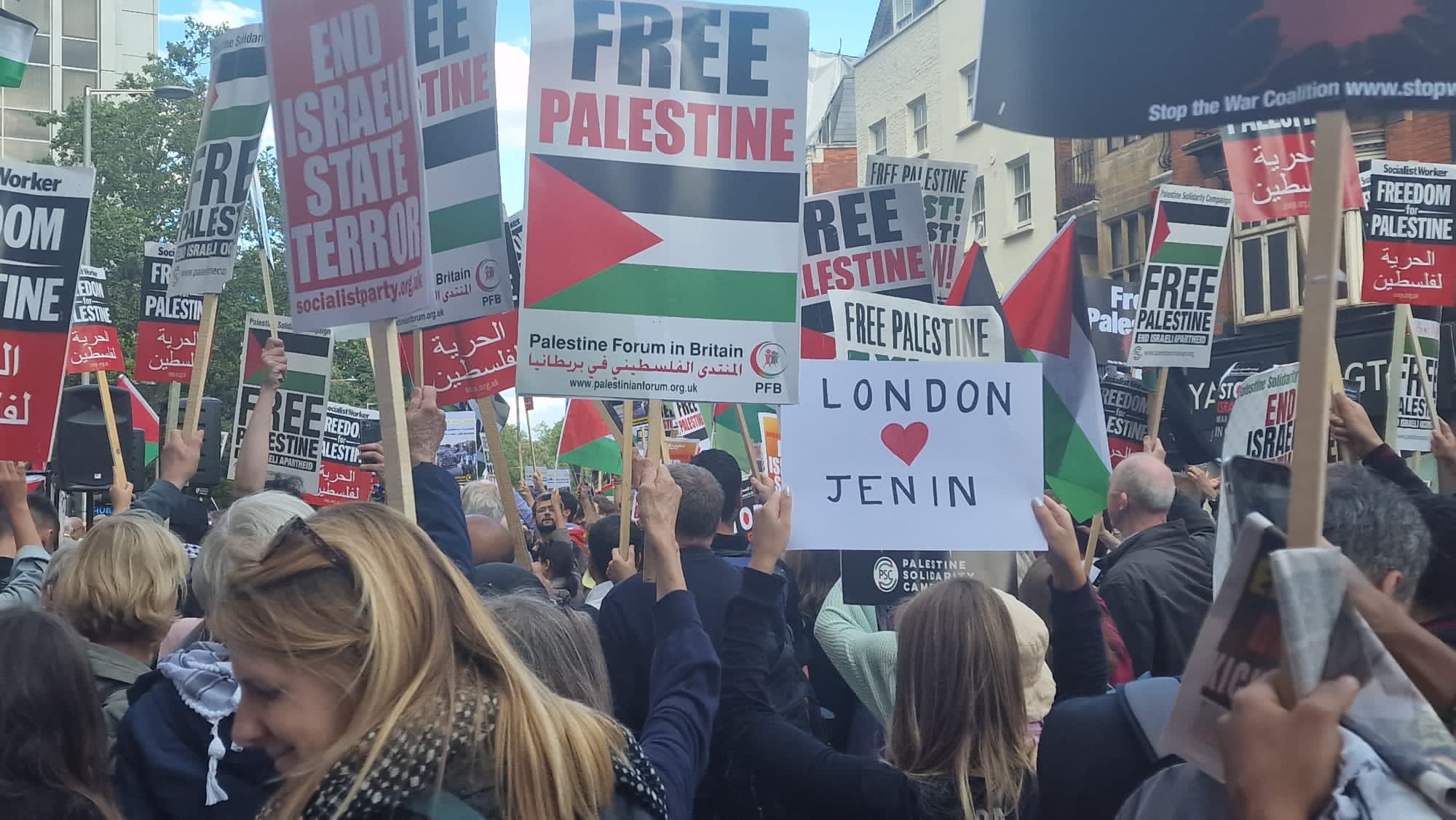 Protesters at a rally outside Israel's London embassy on 5 July 2023