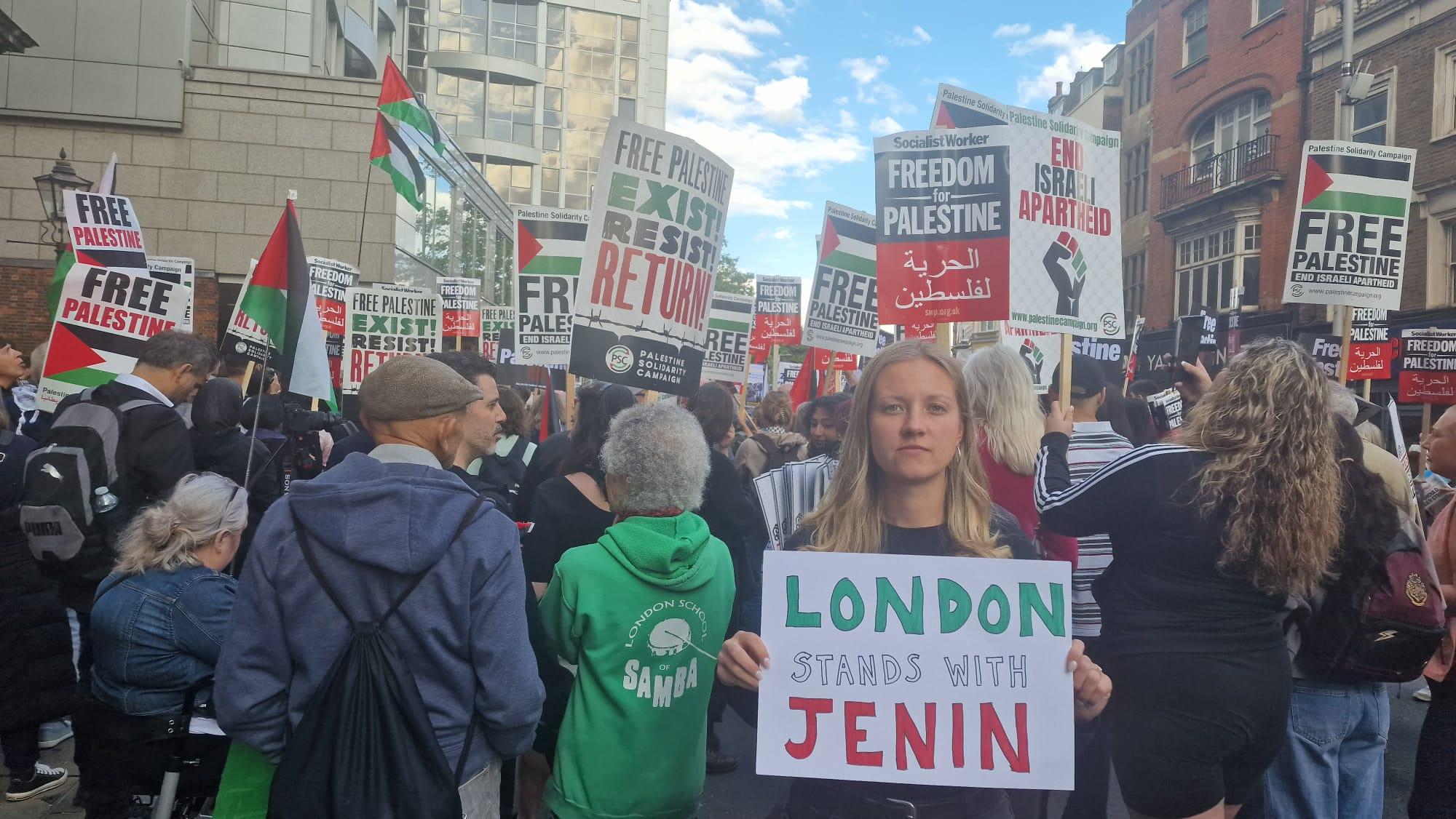 Protesters attend a rally outside the Israeli embassy in London on 5 July 2023