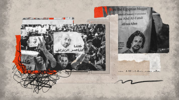 Protestors holding pictures of Nasser Zefzafi and Alaa Abdel Fattah