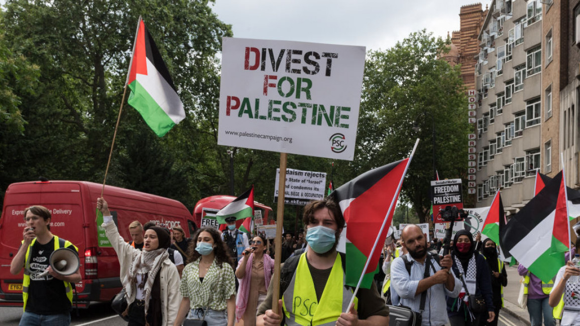 Pro-Palestine protesters holding flags and signs, including one reading: "Divest for Palestine."