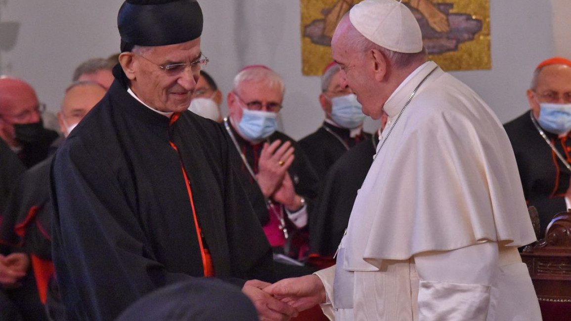 Bechara Boutros Al-Rai (left), leader of the Maronite Church, with Pope Francis (right).