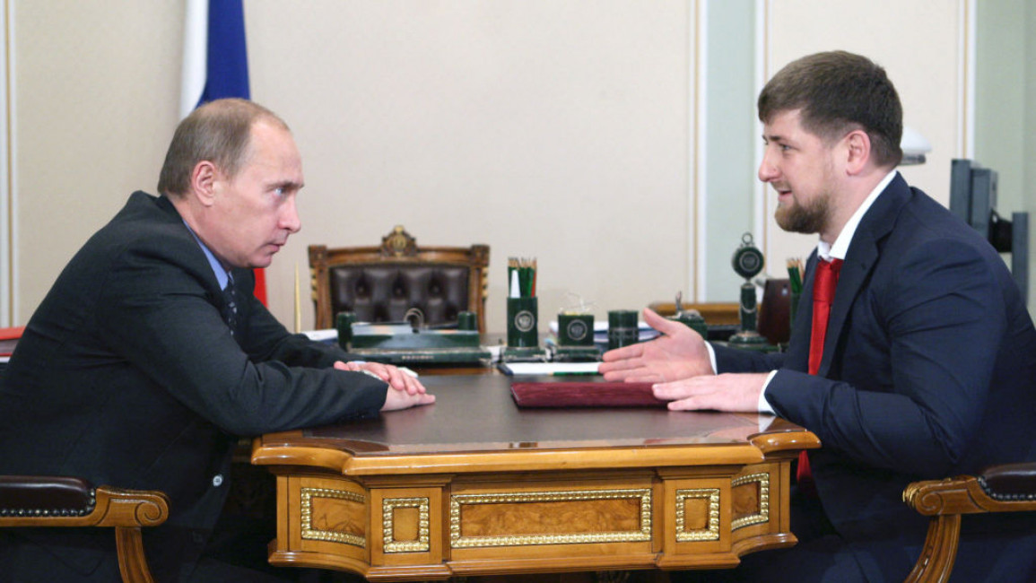 Vladimir Putin, president of Russia, and Ramzan Kadyrov, leader of the Chechen Republic in Russia