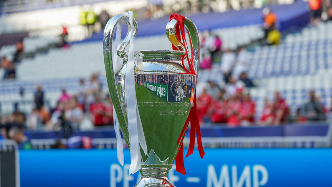 The Champions League trophy at the 2022 final.