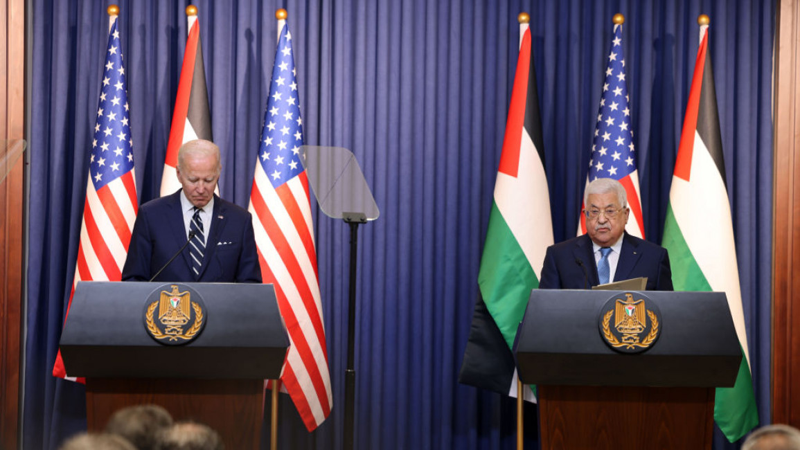 Joe Biden, the US president (left), with Palestinian Authority President Mahmoud Abbas (right).