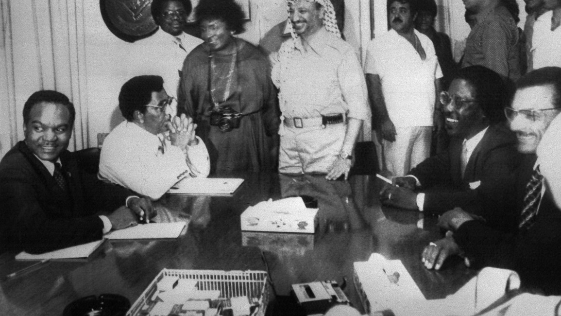 Palestinian Liberation Organisation chairman Yasser Arafat meets with Black activists in Beirut 