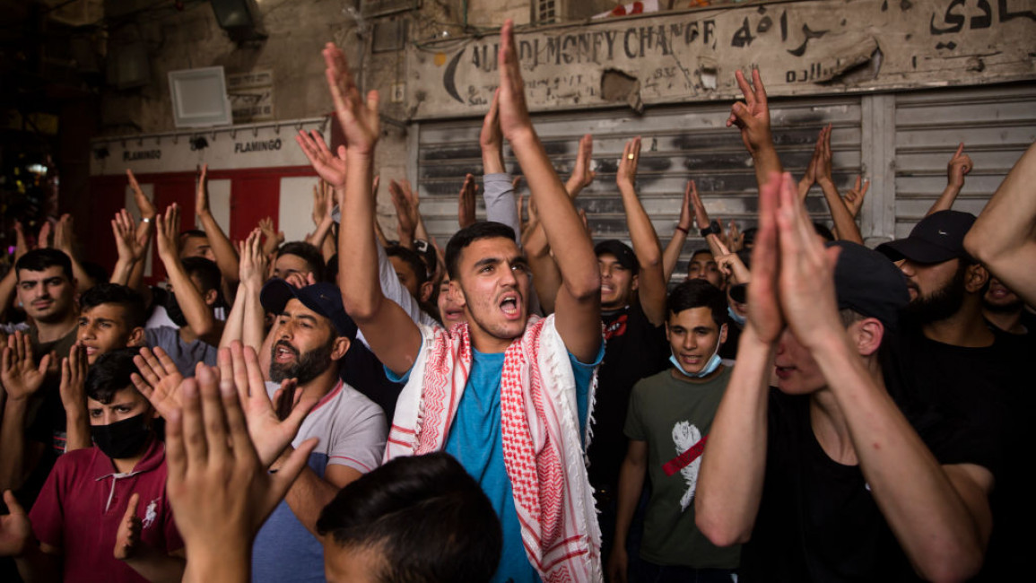 Palestinians protest at Damascus Gate during Israel's 'Jerusalem Day' on May 10, 2021 in Jerusalem, Israel. [Getty] 