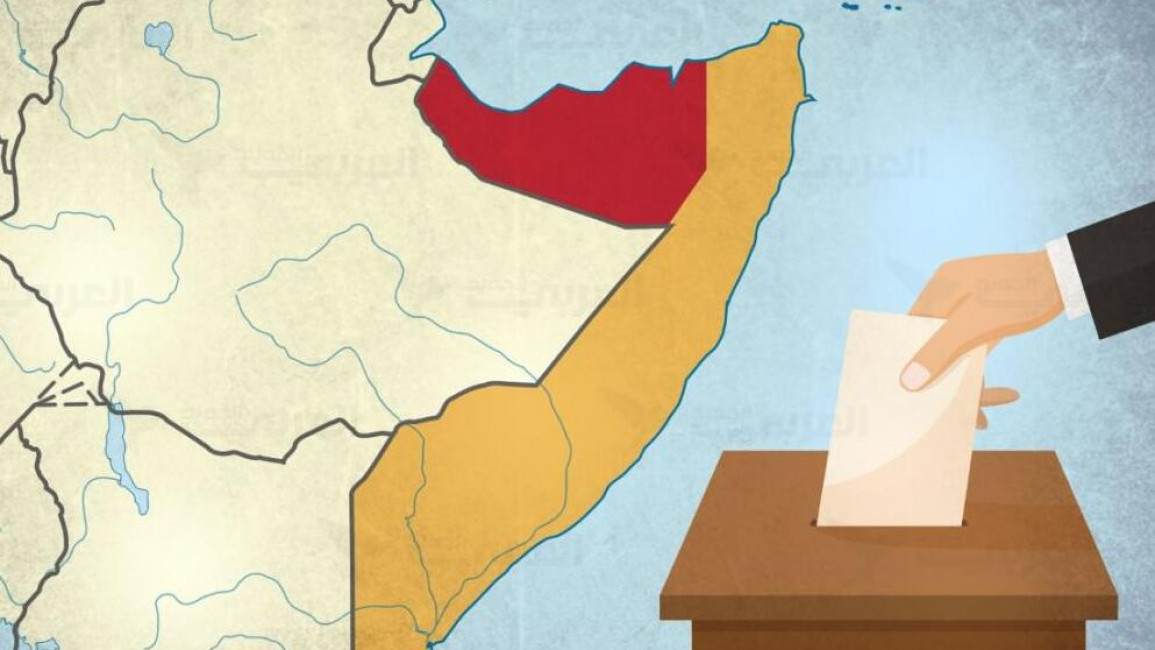 Map of Somalia with Somaliland marked out in red. A hand placing a vote in a ballot box signifies the parliamentary elections held on 31 May 2021