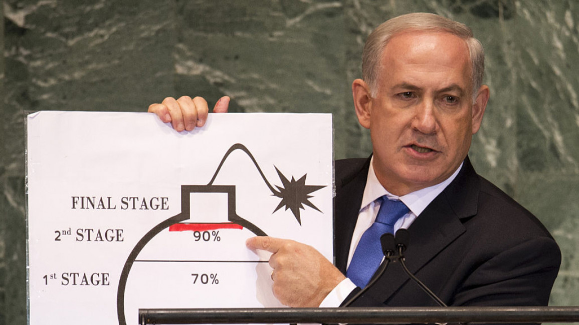 Benjamin Netanyahu, former Prime Minister of Israel, speaking about Iran's nuclear program to the United Nations General Assembly. [Getty]
