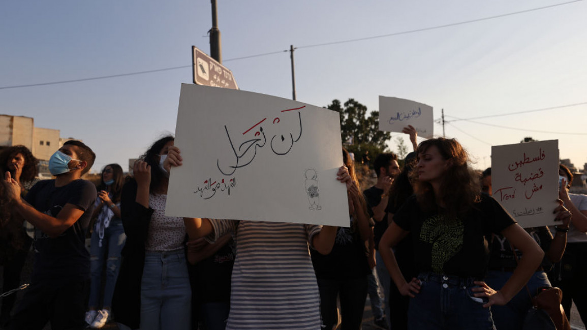JERUSALEM - JULY 31: Demonstrators gather in Sheikh Jarrah Neighborhood of Jerusalem to rally in support of Palestinian families at risk of being relocated on July 31, 2021 in East Jerusalem. (Photo by Mostafa Alkharouf/Anadolu Agency via Getty Images)
