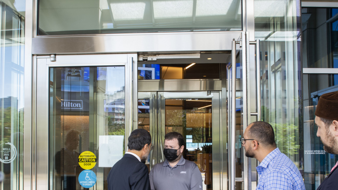 CAIR delivers a letter to Hilton Worldwide in northern Virginia. (Photo courtesy of CAIR)