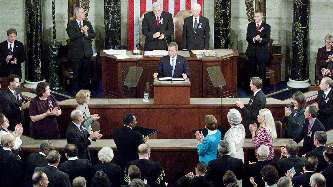 US President George W Bush speaks to Congress on 20 September 2001 in Washington, DC. [Getty]