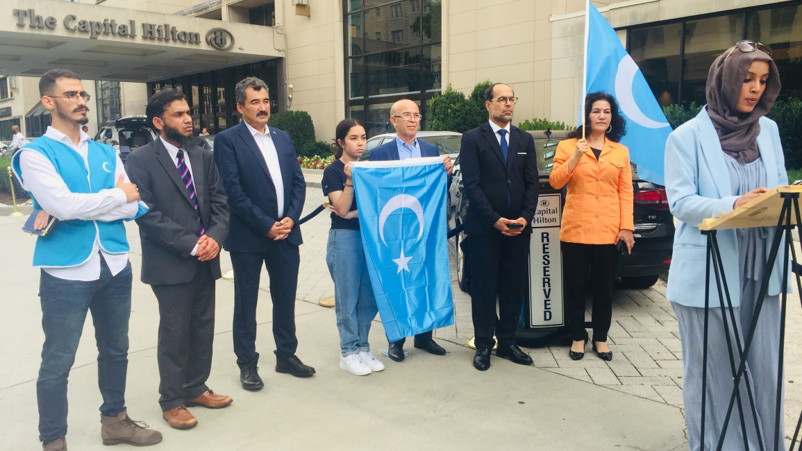 CAIR and other groups hold a press conference about their boycott of Hilton over their plans to build a hotel on the site of a destroyed Uighur mosque in China. (TNA/Brooke Anderson)