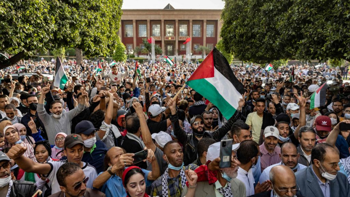 Moroccans demonstrate calling for an end to violence in Gaza and against the normalisation with Israel, in the capital Rabat, on May 16, 2021.