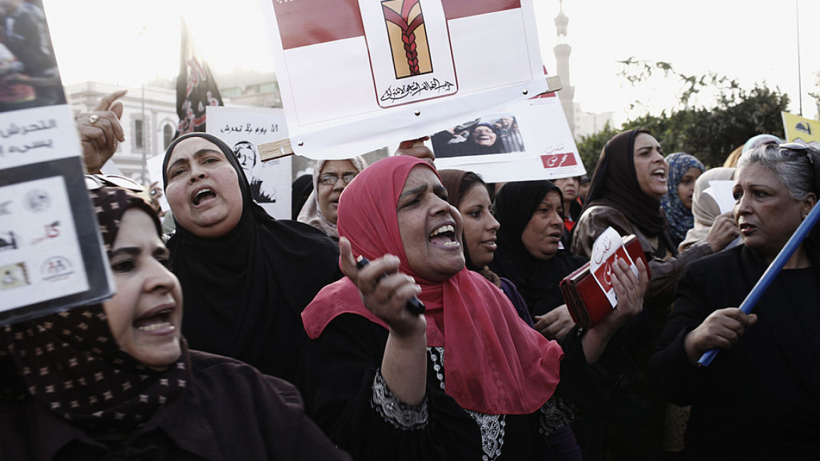 Egyptian women take part in a march against sexual harassment at the Seiyda Zeinab Mosque, on February 6, 2013 in Cairo, Egypt [Getty Images]