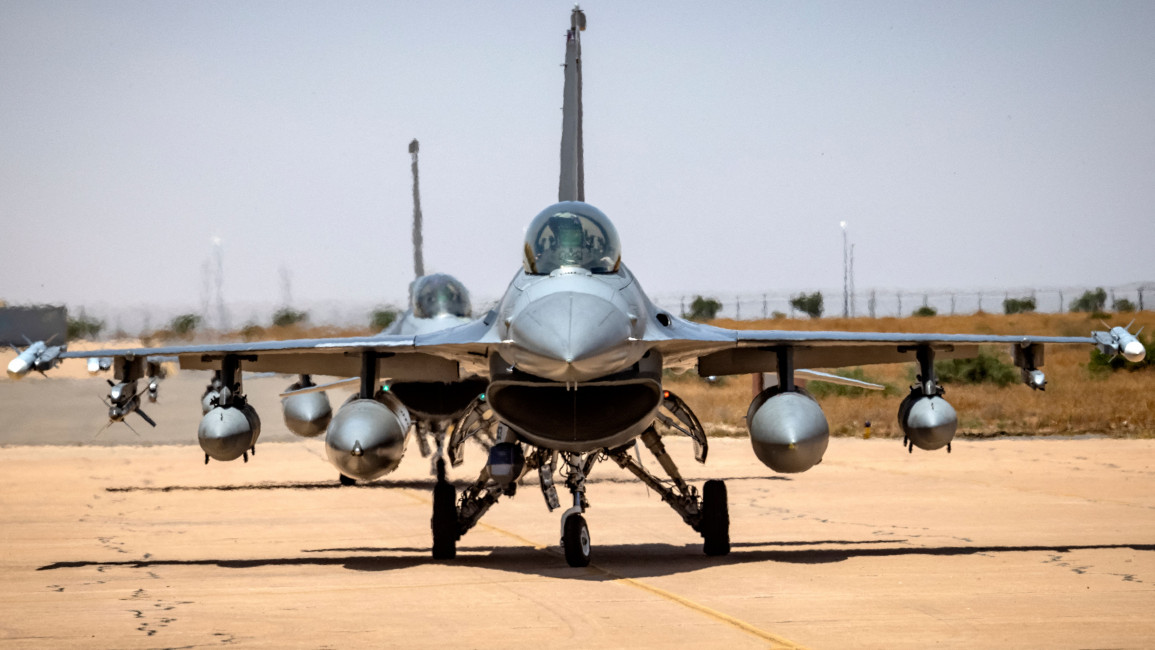 US Air Force F-16 fighter jets land at an airbase in Ben Guerir, about 58 kilometres north of Marrakesh, during the "African Lion" military exercise on June 14, 2021. (Photo by FADEL SENNA / AFP) (Photo by FADEL SENNA/AFP via Getty Images)