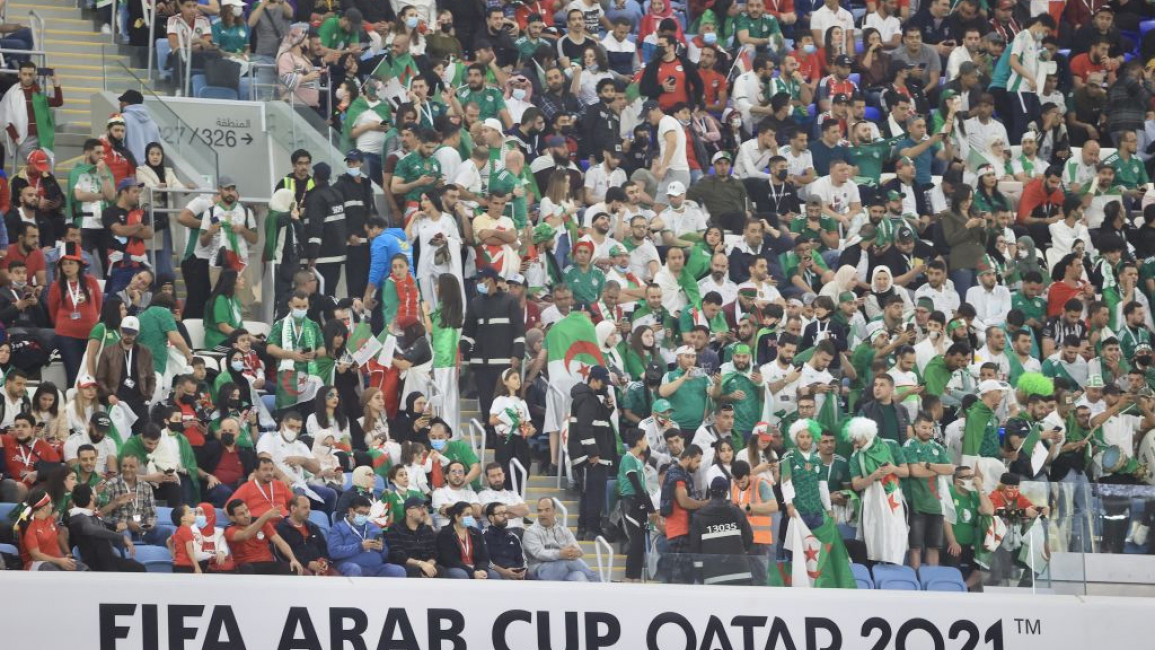 Algerian fans are seen during the FIFA Arab Cup group D soccer match between Algeria and Egypt at the Al Janoub stadium in Al Wakrah, Qatar, 07 December 2021
