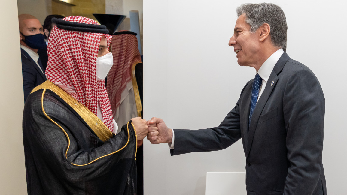 Secretary of State Antony J. Blinken meets with Saudi Arabia Foreign Minister Faisal Bin Farhan in Bari, Italy, on June 29, 2021.
