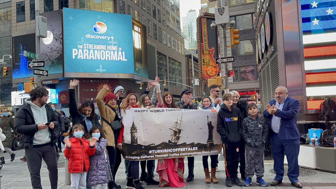 Members of America's Turkish community celebrate World Turkish Coffee Day in New York's Times Square. (Photo courtesy of Gizem Şalcıgil White)