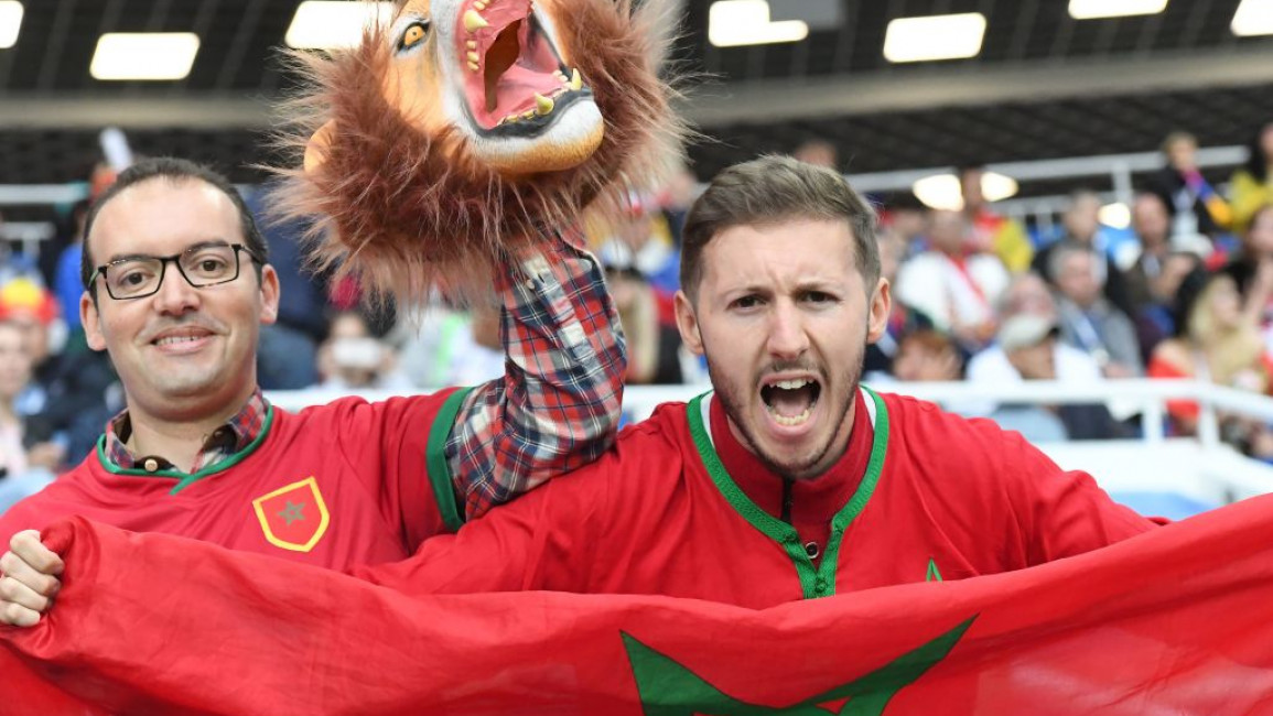 Morocco football fans at a Russia 2018 World Cup match against Spain