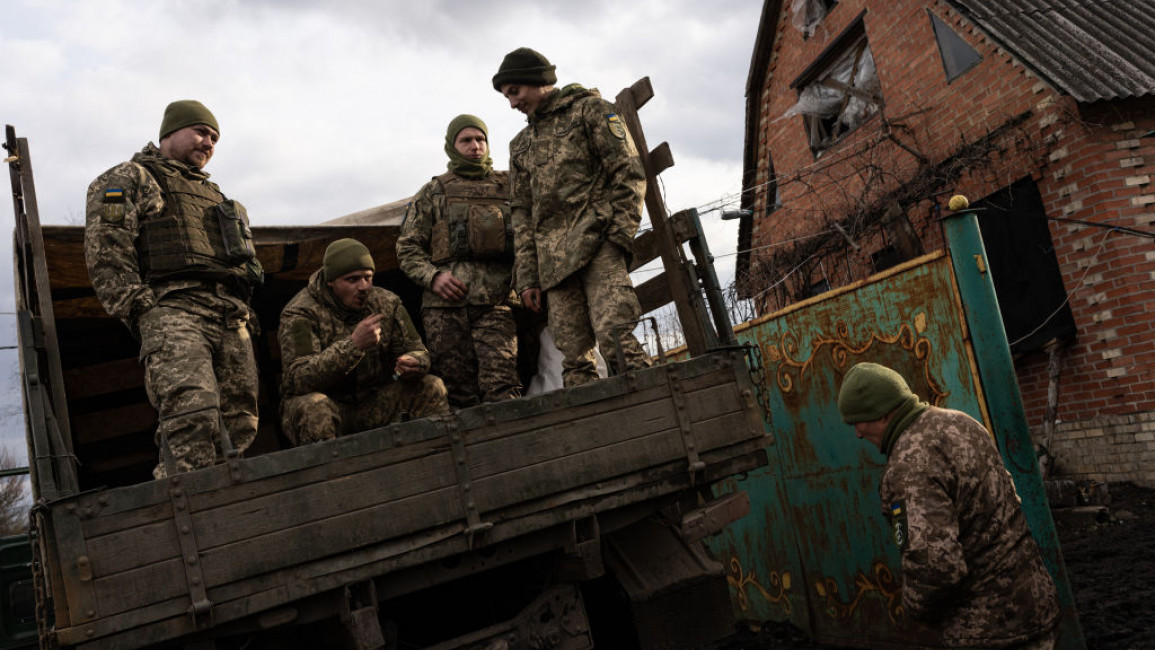 Ukrainian Servicemen patrolling along the frontline outside of Svitlodarsk during a day of heavy shelling from separatist forces on February 19, 2022.