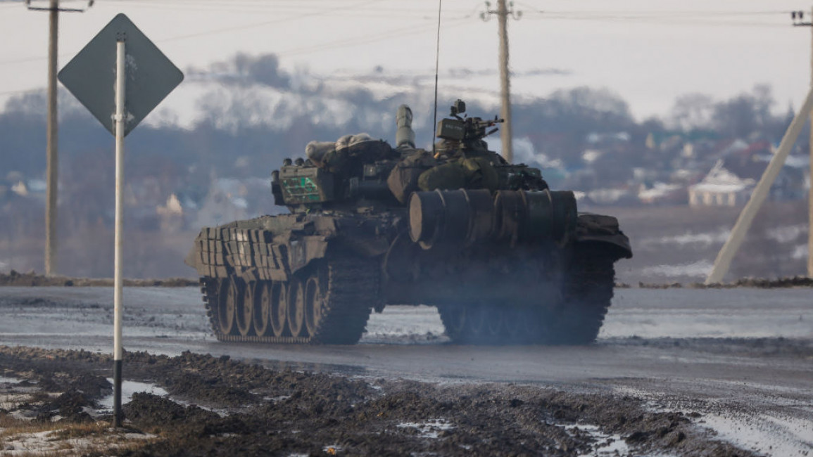 A Russian military vehicle is seen near the village of Oktyabrsky