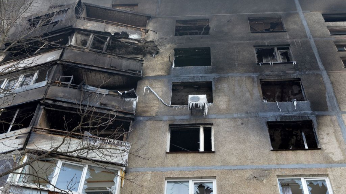 A burnt-out apartment building in Ukraine's Kharkiv city