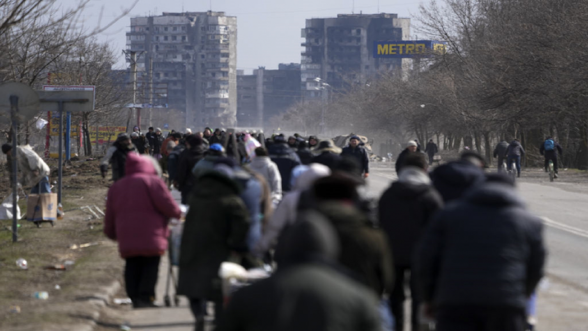 Civilians being evacuated along humanitarian corridors from the Ukrainian city of Mariupol