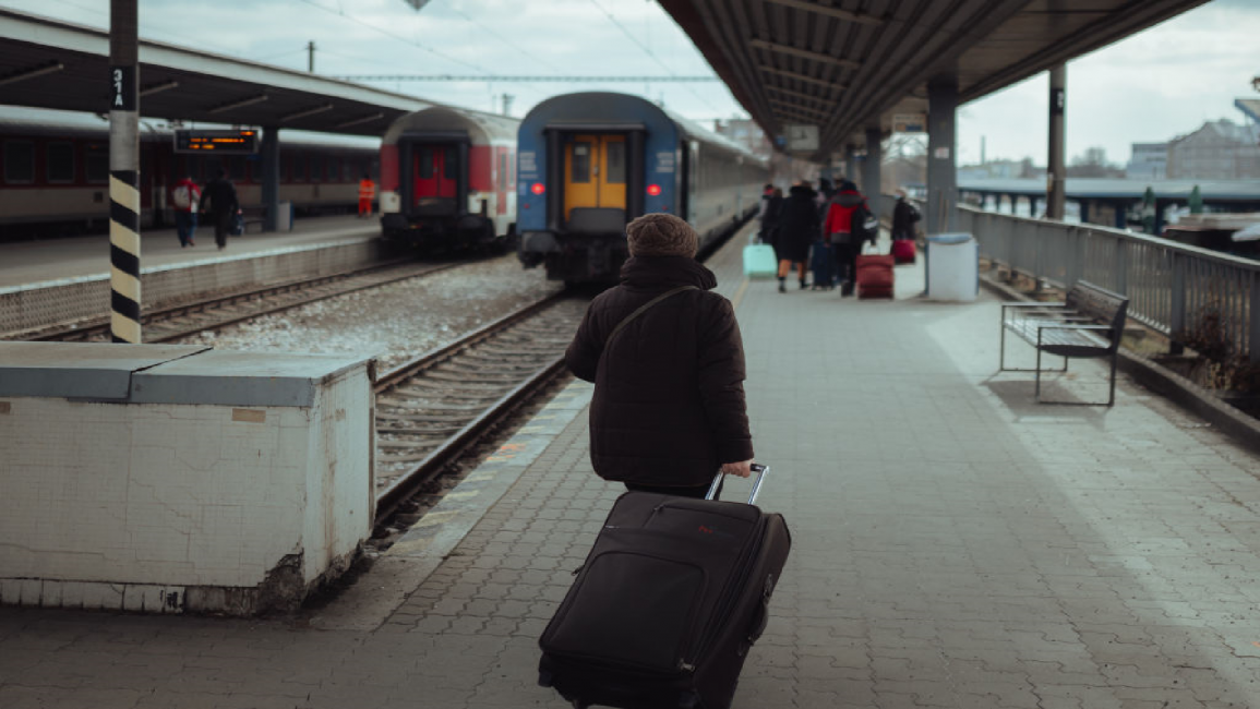 Ukrainians pass through the train station of the city of Kosice, Slovakia