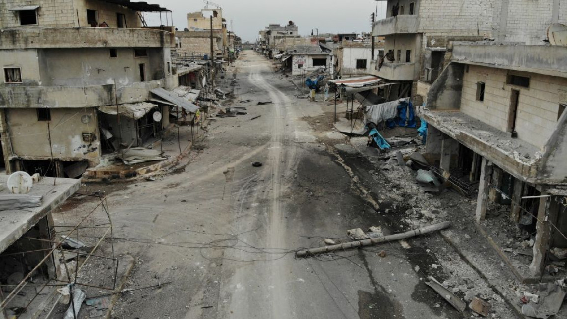 Destruction in Maarat Al-Naasan, a town in Idlib province, Syria