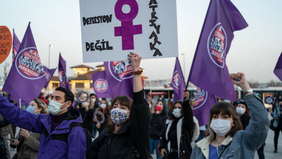 Women at a protest organised by We Will Stop Femicide Platform in Turkey