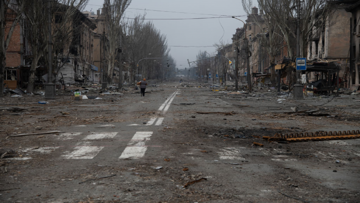 View of a deserted street in Mariupol, Ukraine
