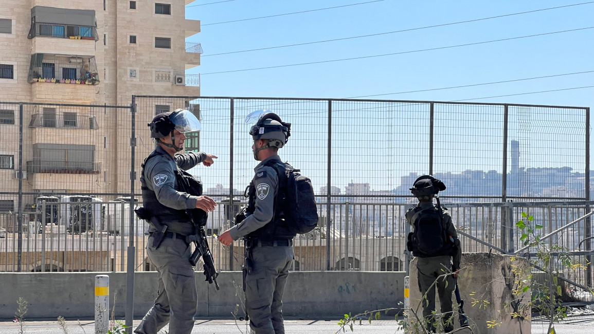 Israeli soldiers patrol the entrance of the Shuafat Refugee Camp in occupied East Jerusalem.