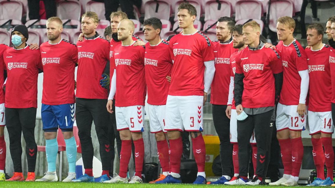 Danish team wearing shirts with the words 'Football supports change' in protest of Qatar's treatment of migrant workers ahead of the FIFA 2022 World Cup. [GETTY]