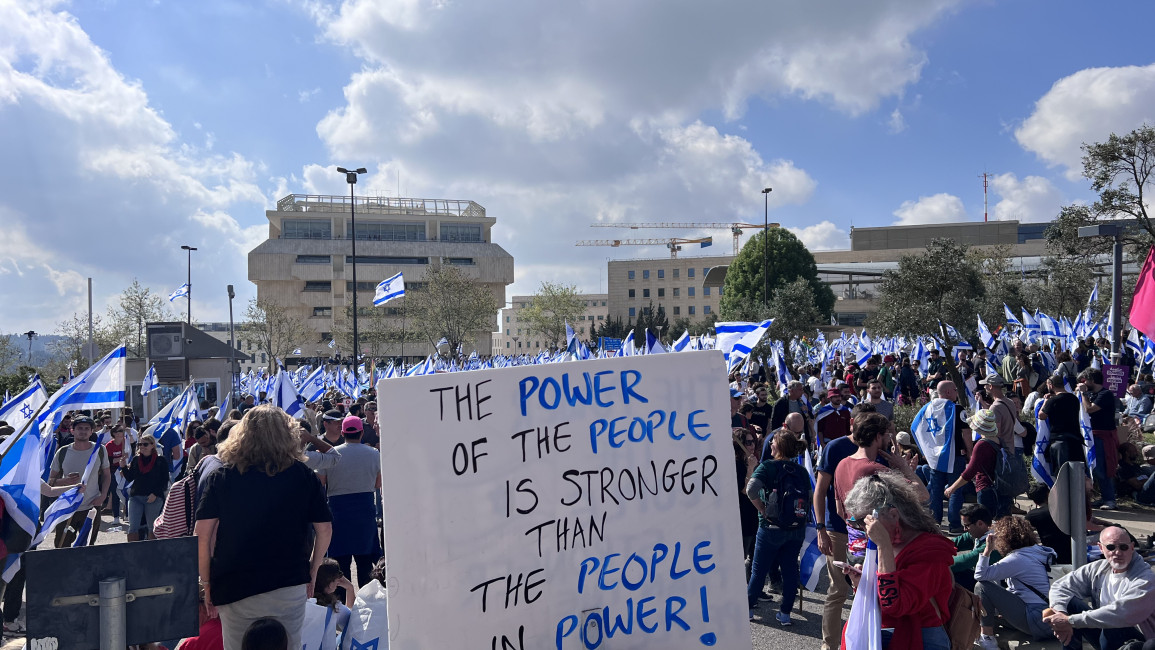 Israelis at an anti-government rally in West Jerusalem on March 27, 2023. Ibrahim Husseini/TNA