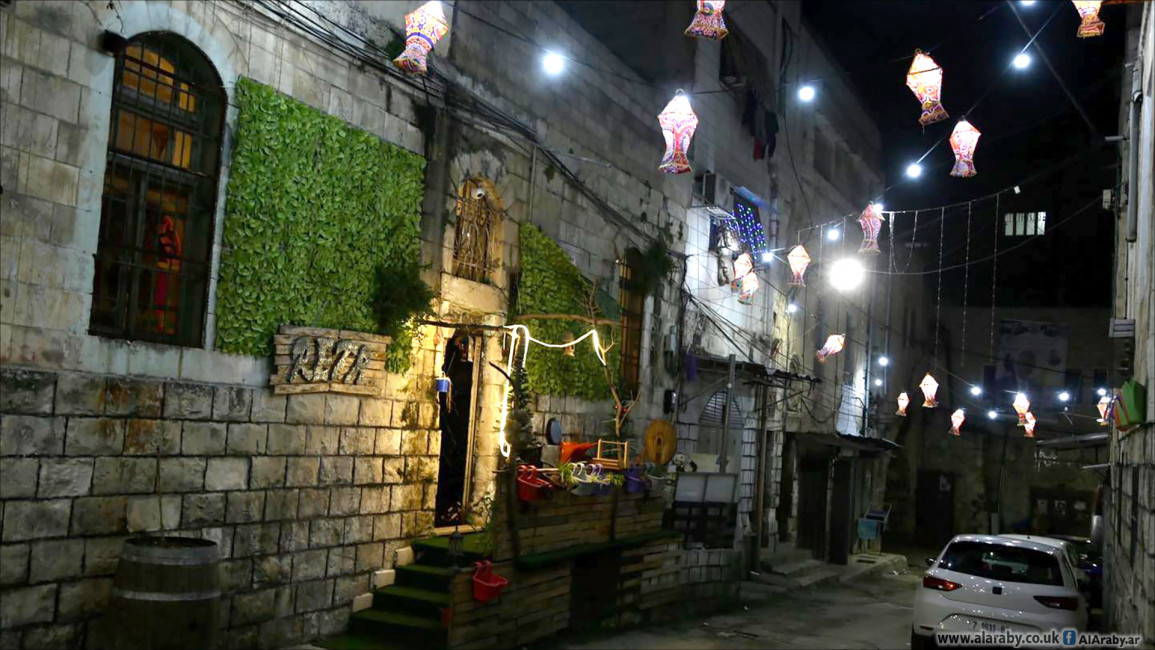 The old city of Nablus decorated with lanterns for Ramadan
