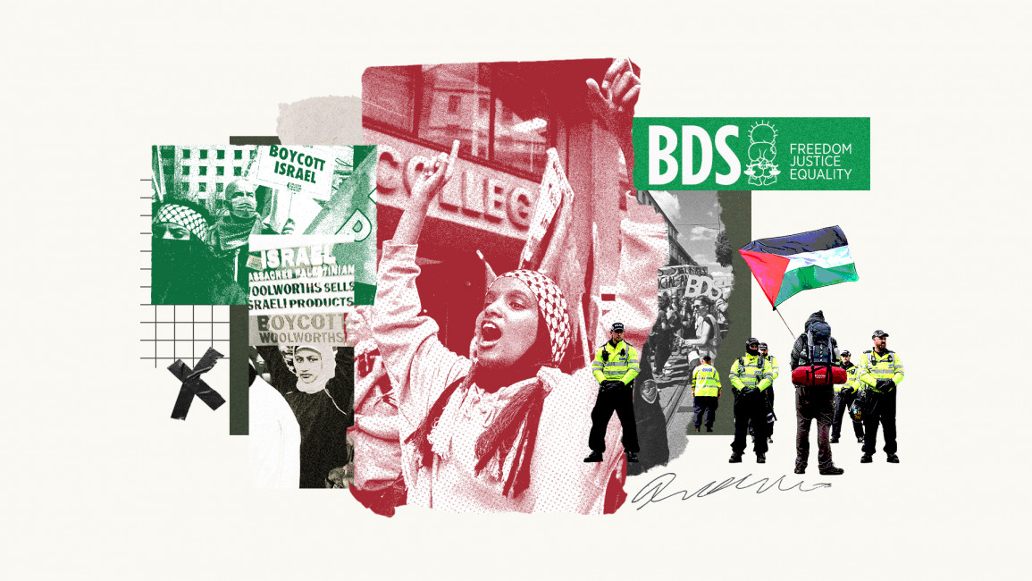 An illustration featuring images related to Palestine and boycotting Israel
