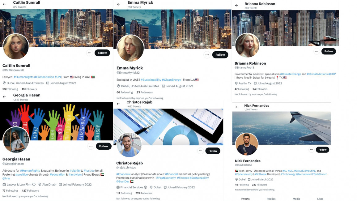 A collage of fake twitter accounts set up to defend the UAE from criticism surrounding its hosting of COP28