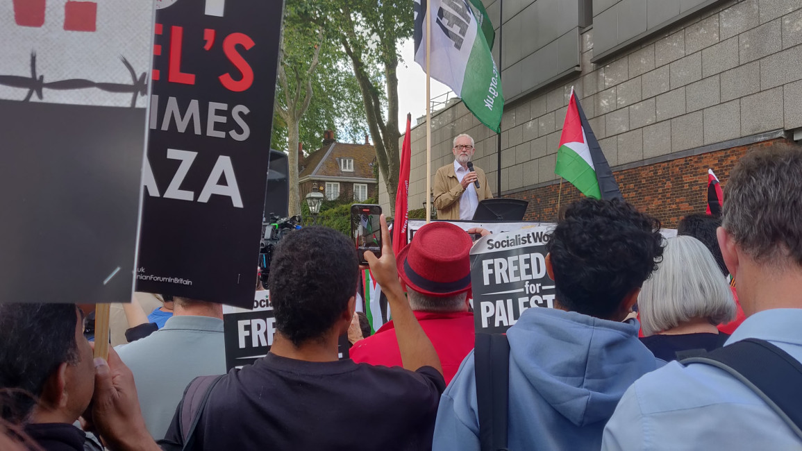 Jeremy Corbyn addresses protesters at a rally outside the Israeli embassy in London on 5 July 2023