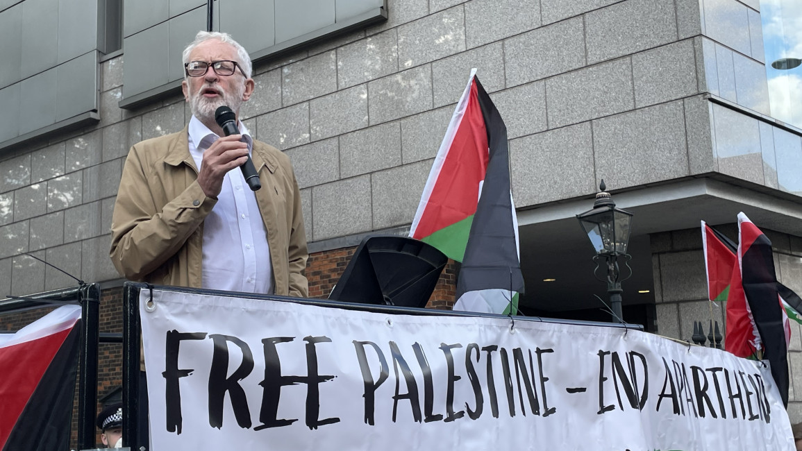 Jeremy Corbyn addresses protesters outside the Israeli embassy on 5 July 2023