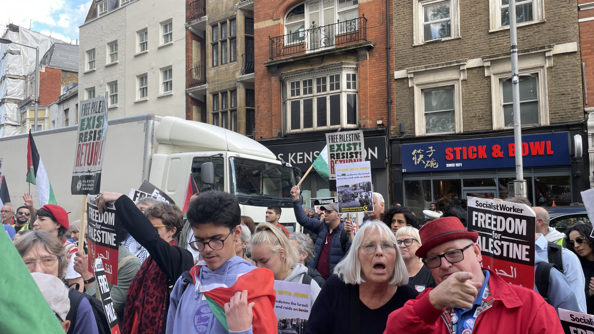 Protesters rally outside Israel's embassy in London