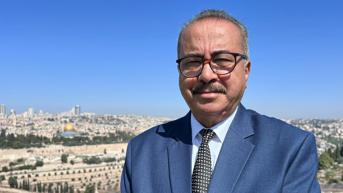 Walid Abu Tayeh, 69,  is running for mayor in Jerusalem on 31 October. His chances of becoming mayor are slim but some think that may get a seat in the city council, 22 August 2023. [Ibrahim Husseini/TNA]