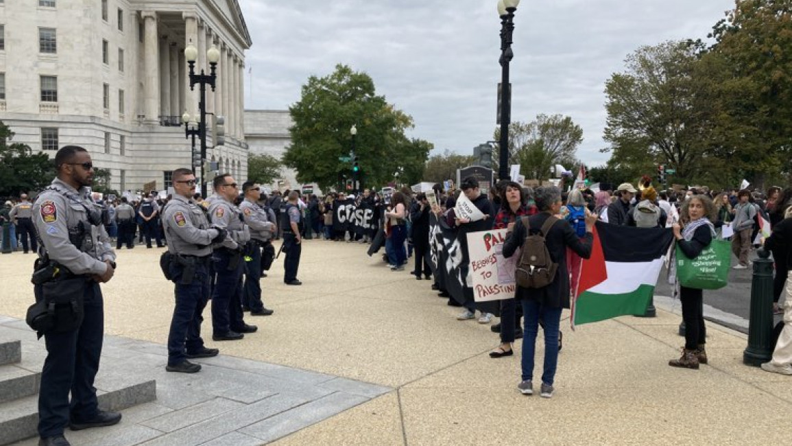 Thousands gather in front of the Cannon House Office Building and the US Capitol to demand the US pressure Israel on a ceasefire in its conflict with Gaza. [Brooke Anderson/The New Arab]