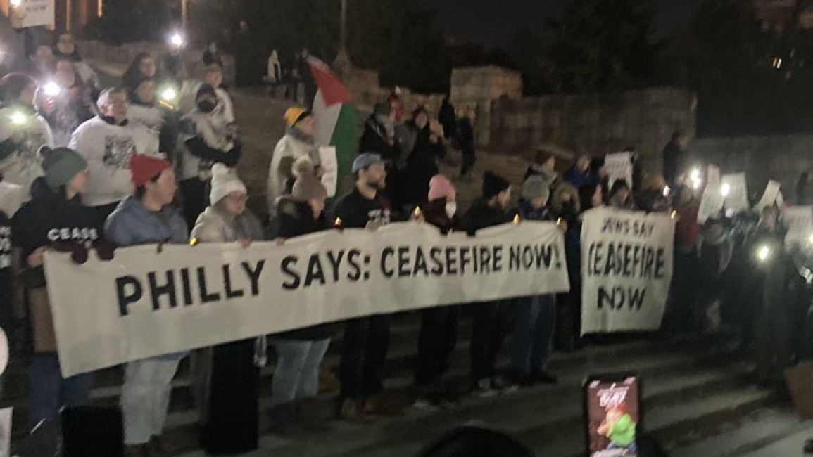 Rabbis in Philadelphia lead a protest against Israel's war in Gaza on the last night of Hanukkah. [Brooke Anderson/The New Arab]