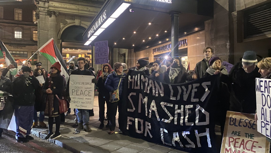 Anti war protestors and pro-Palestine activists gather at ADS annual dinner in Central London January 30 2024