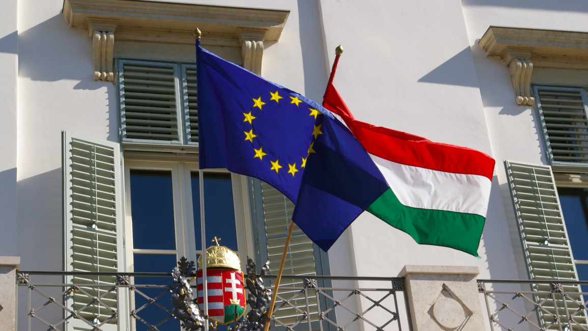 The EU (left) and Hungarian (right) flags in Budapest