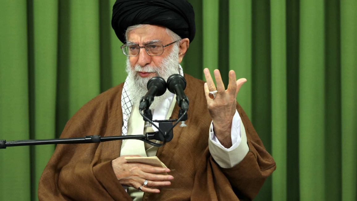 Iran's leader Ayatollah Khamanei gives a speech
