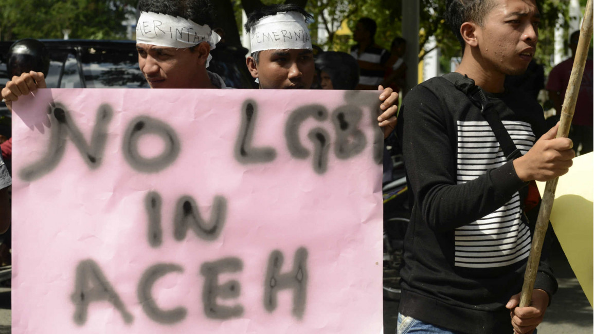 A group of Muslim protesters in Aceh, Indonesia