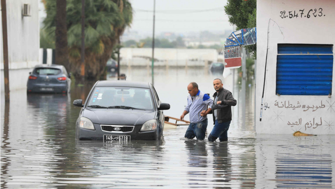 Flooded road after torrential rain in Tunis