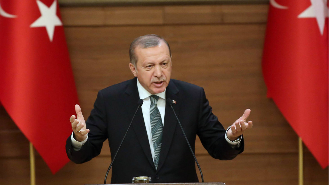 Turkish president Recep Tayyip Erdogan gives a speech