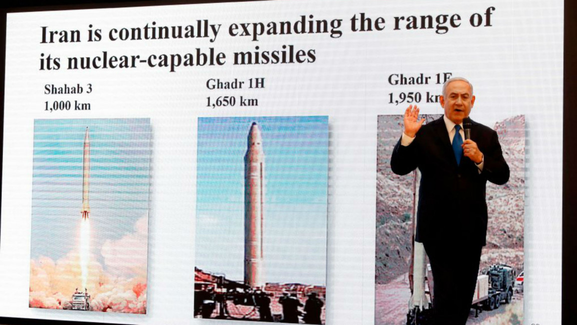Netanyahu Iran nukes presentation - AFP